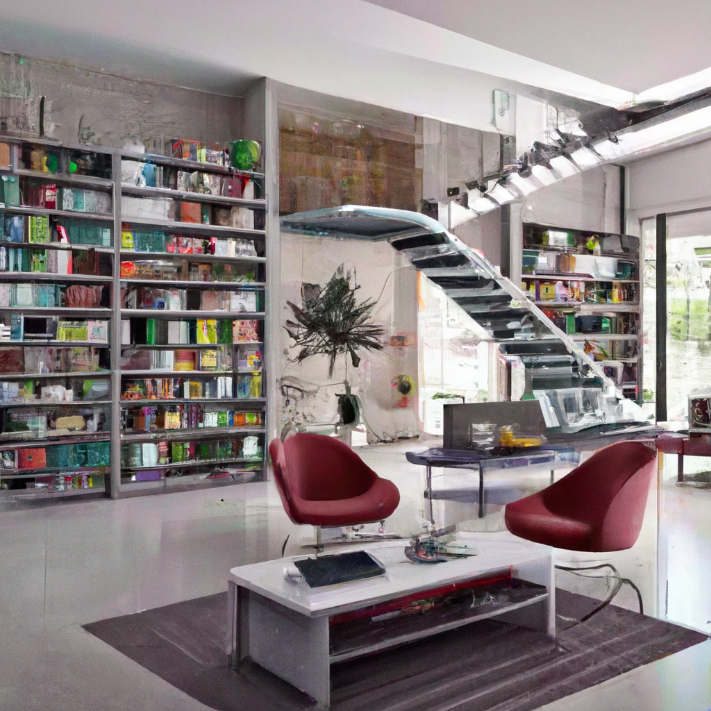 Salons modernes avec fauteuils rouges, livres colorés, escaliers en verre, ambiance lumineuse et contemporaine.