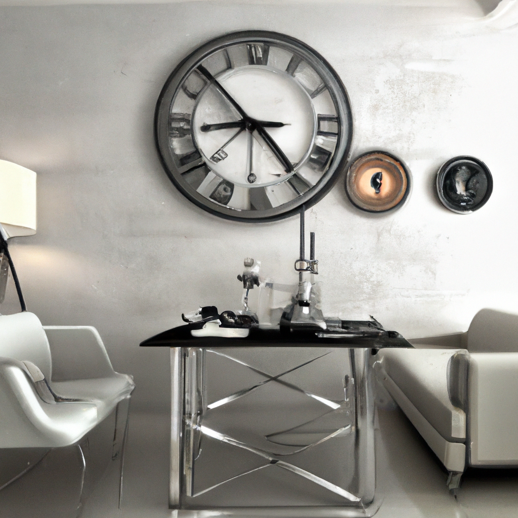 Bureau moderne noir et chrome, horloge vintage, sièges blancs, ambiance épurée et stylée, touches industrielles.