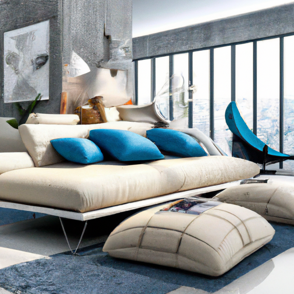 Salon moderne minimaliste avec canapé beige, coussins bleus et tapis gris, grandes fenêtres, ambiance lumineuse et épurée.