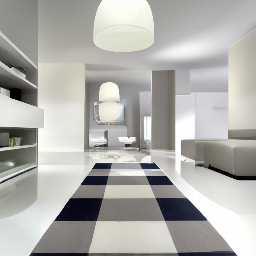 Intérieur moderne avec tapis à motifs géométriques, murs blancs, meubles minimalistes et éclairage suspendu.