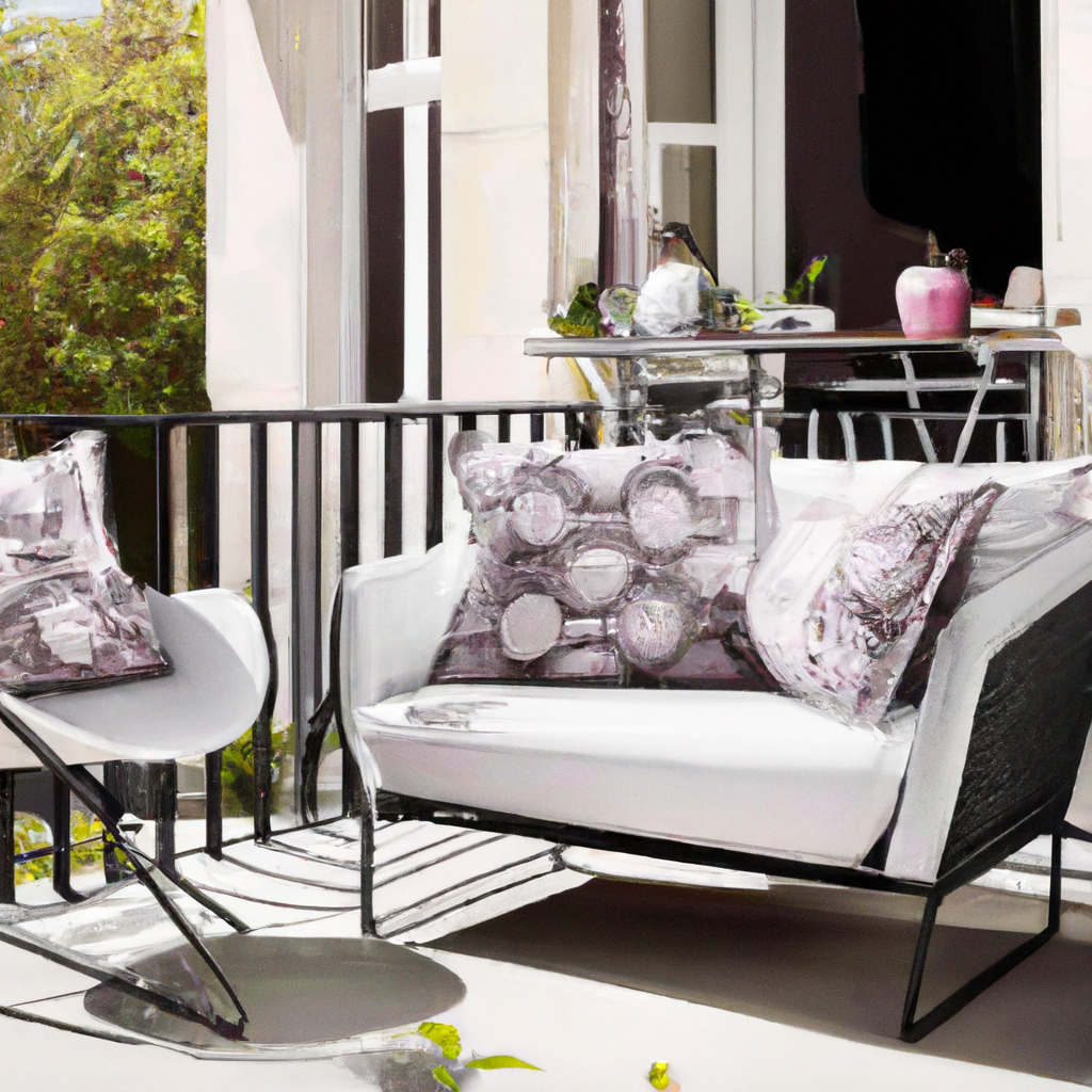 Salon moderne avec canapé et fauteuil blanc, coussins gris, ambiance lumineuse et végétation extérieure.