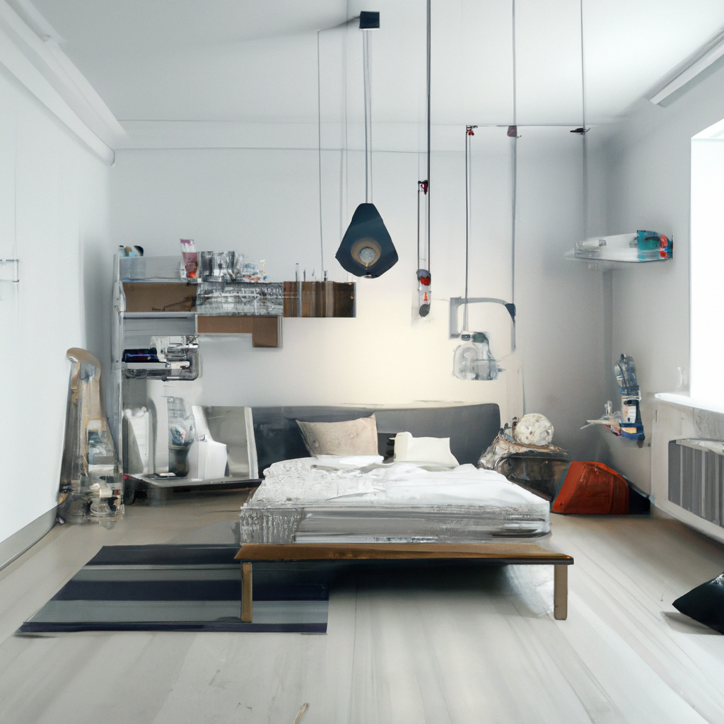 Chambre moderne minimaliste avec un lit en bois, des murs blancs, des éléments suspendus et un tapis gris.