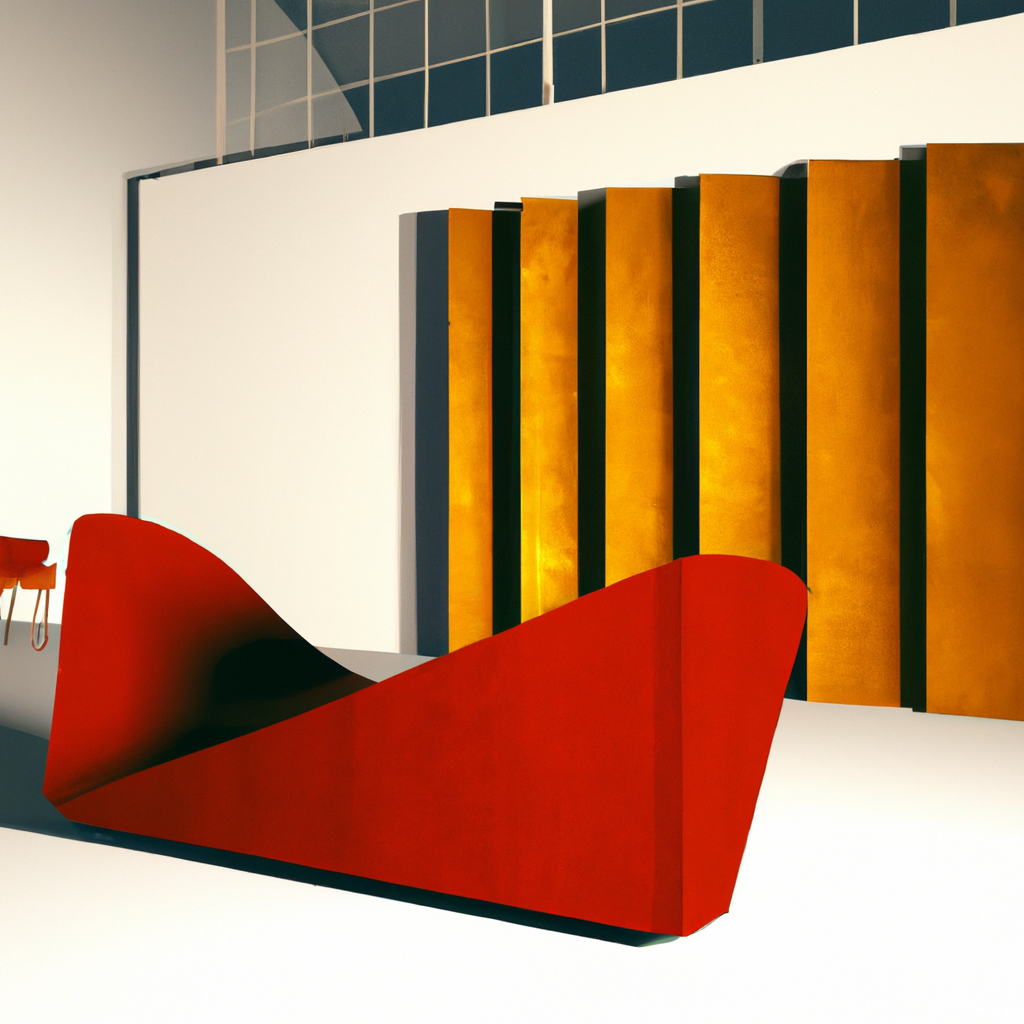 Canapé rouge moderne avec écran de séparation doré dans une ambiance minimaliste et contemporaine.