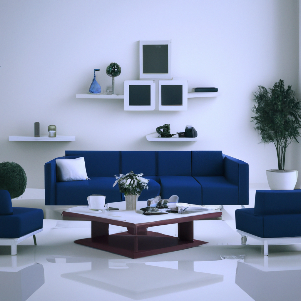 Intérieur moderne avec canapé bleu, table basse rouge, étagères blanches et plantes, ambiance épurée et élégante.