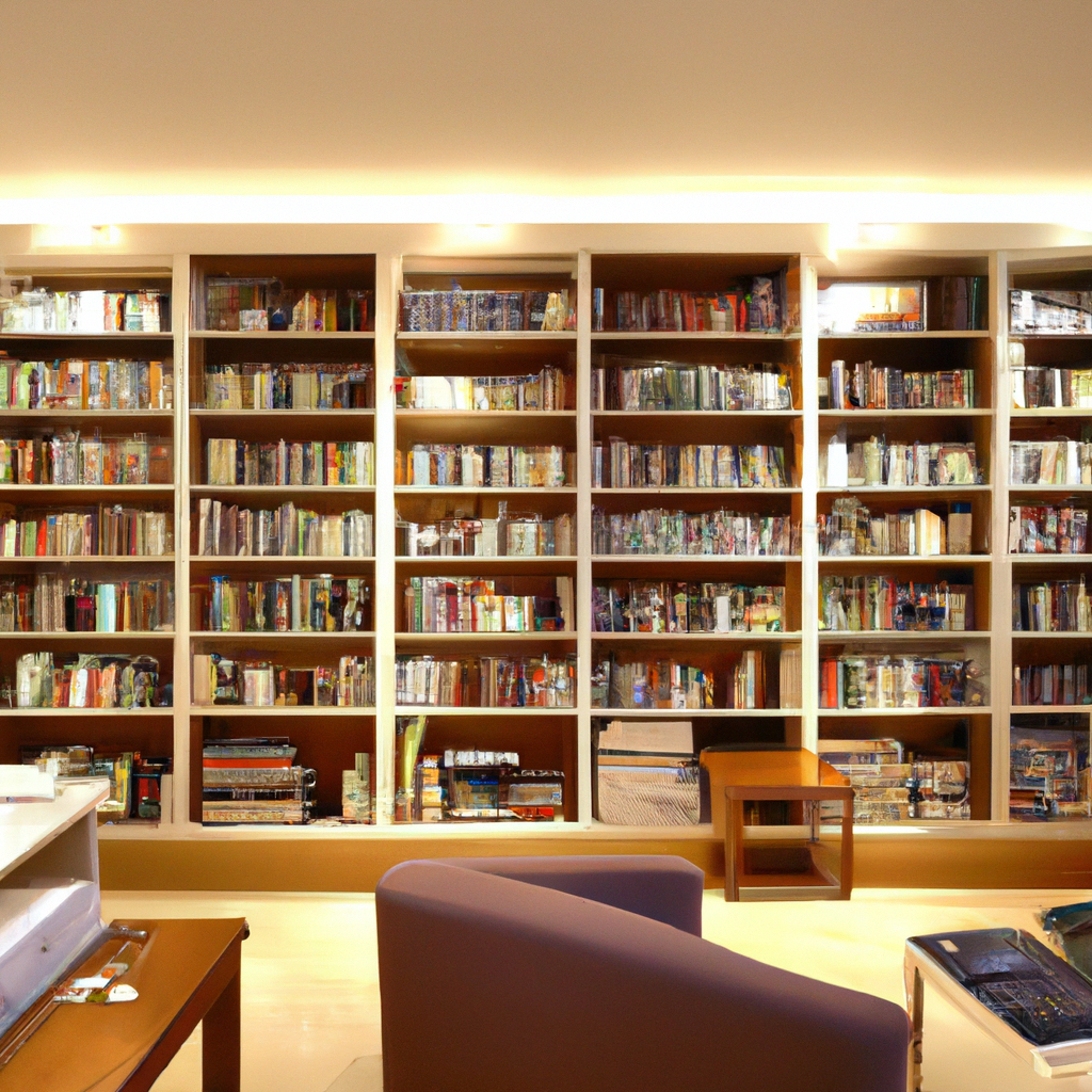 Bibliothèque moderne avec étagères blanches remplies de livres, fauteuils confortables et ambiance chaleureuse.