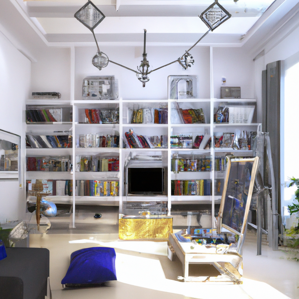 Salon moderne lumineux avec étagères blanches, livres colorés, mobilier minimaliste et touches artistiques, ambiance conte...