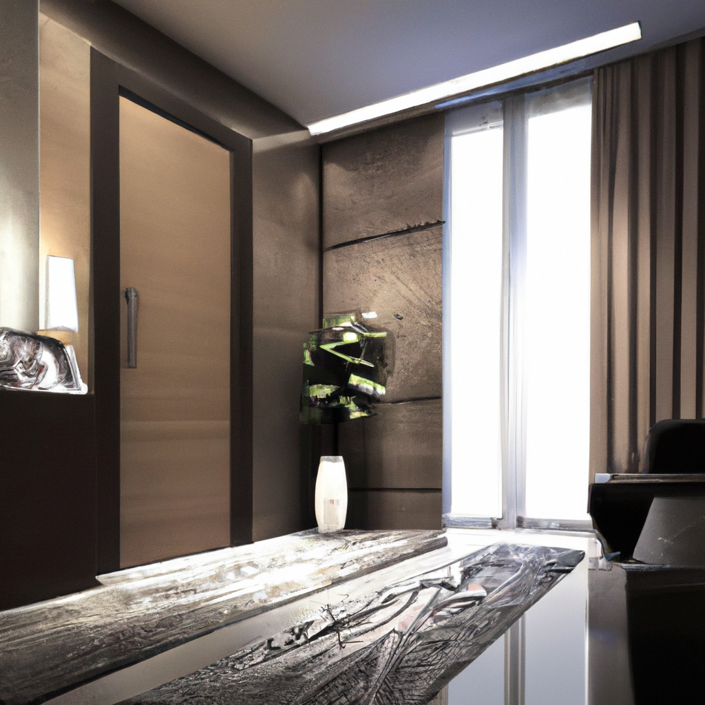 Intérieur moderne avec mur en bois, porte design, lampes minimalistes et vase décoratif, éclairage doux et ambiance contem...