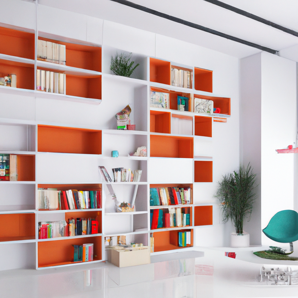 Bibliothèque moderne avec étagères blanches et orange, plantes vertes, ambiance lumineuse et épurée.