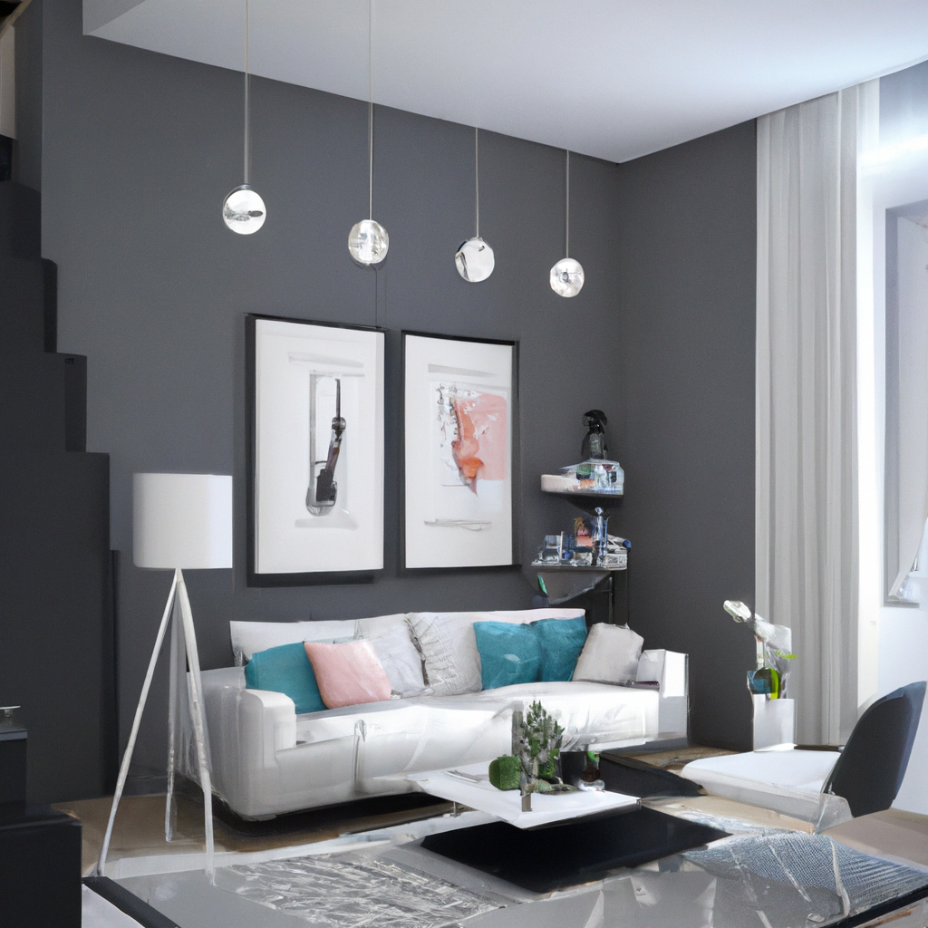 Salons modernes avec mur gris, canapés blancs, coussins turquoise, œuvres d'art chic et luminaires suspendus.