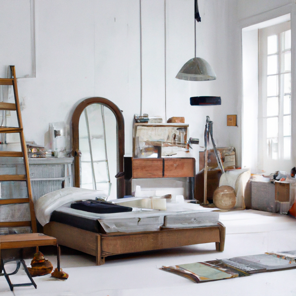 Chambre minimaliste lumineuse avec lit en bois, miroir, et décor scandinave, ambiance chaleureuse et artistique.