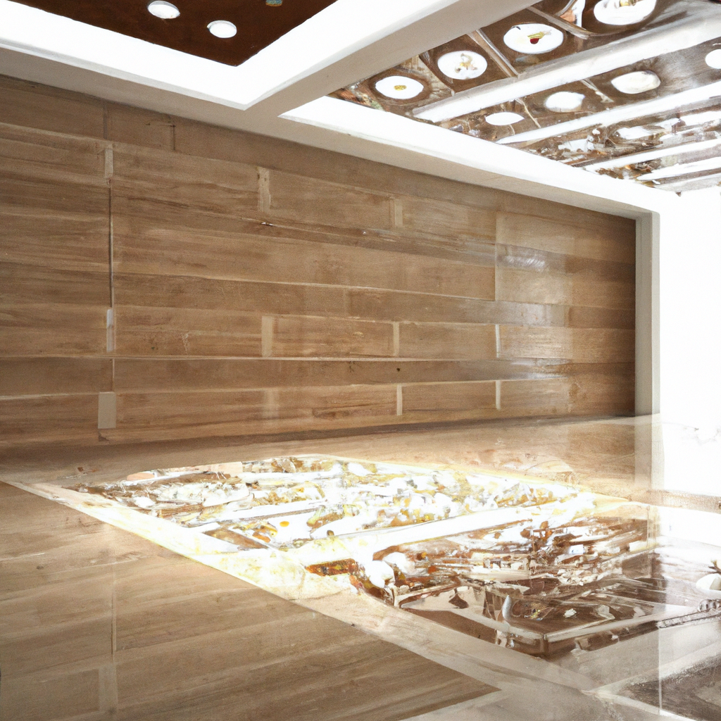 Intérieur moderne avec murs et sol en marbre beige, éclairage élégant, ambiance minimaliste et sophistiquée.