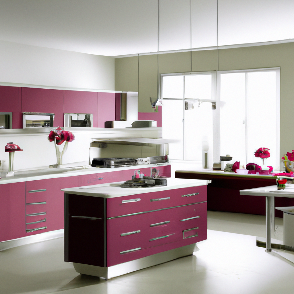 Cuisine moderne aux murs blancs, meubles violets et roses, ambiance lumineuse et épurée, avec un îlot central élégant.