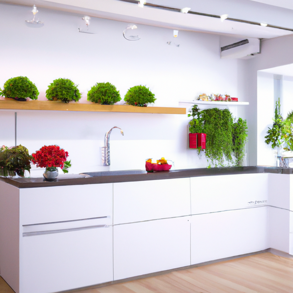 Cuisine moderne épurée avec meubles blancs, plan de travail gris, plantes vertes et touches de rouge pour une ambiance nat...