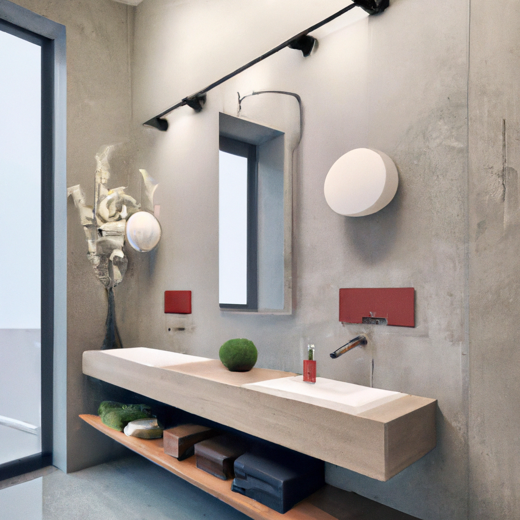 Salle de bain moderne avec lavabo en béton, murs gris, touches de rouge et éléments naturels pour une ambiance minimaliste.