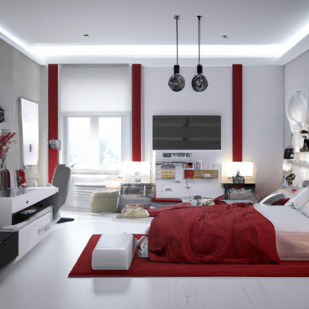 Chambre moderne avec des murs blancs et rouges, lit élégant, décor minimaliste et lumière douce, ambiance chaleureuse et c...