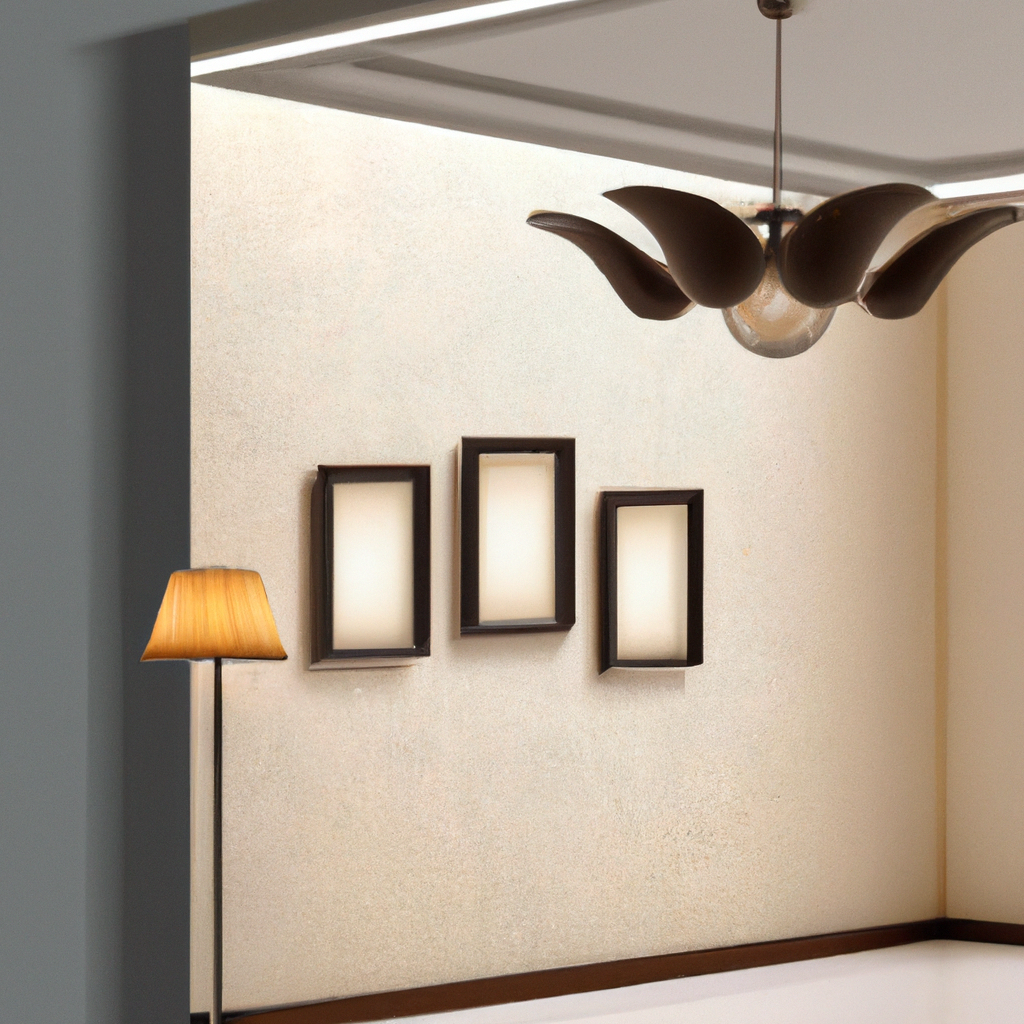 Décoration intérieure moderne avec lampadaire doré, lustre élégant et trois cadres muraux minimalistes sur un mur clair.