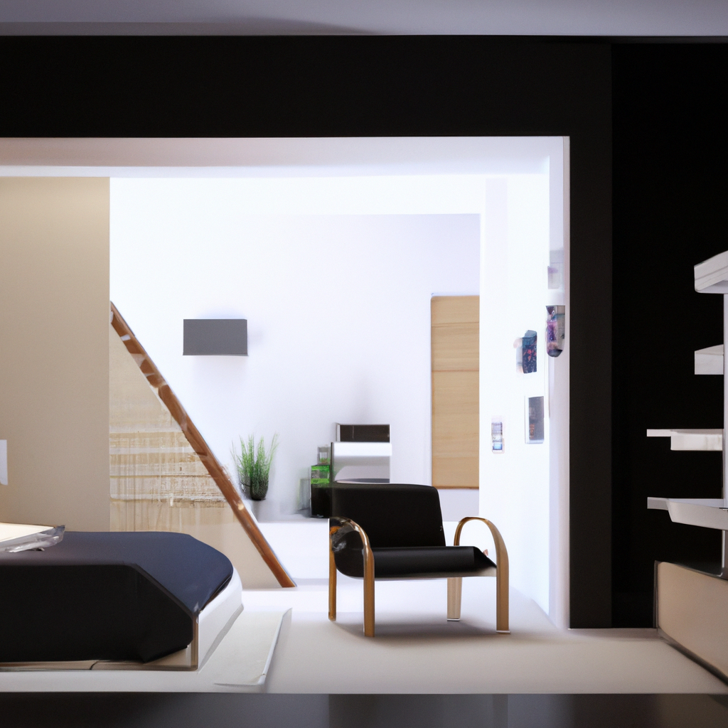 Chambre moderne avec fauteuil noir, murs clairs, escalier en bois, plantes et ambiance minimaliste.