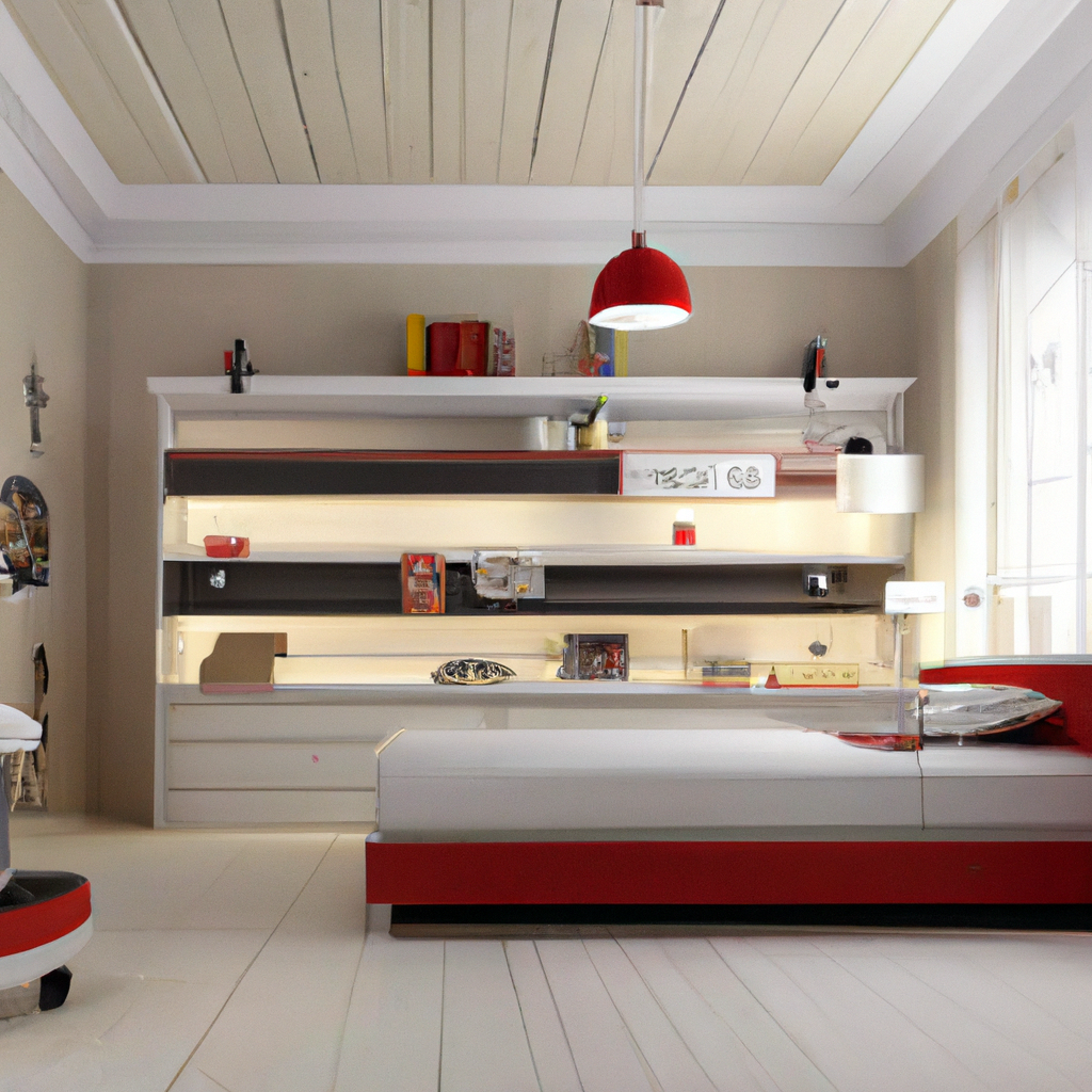 Chambre moderne avec mobilier rouge et blanc, lumière suspendue, ambiance lumineuse et rangements intégrés.