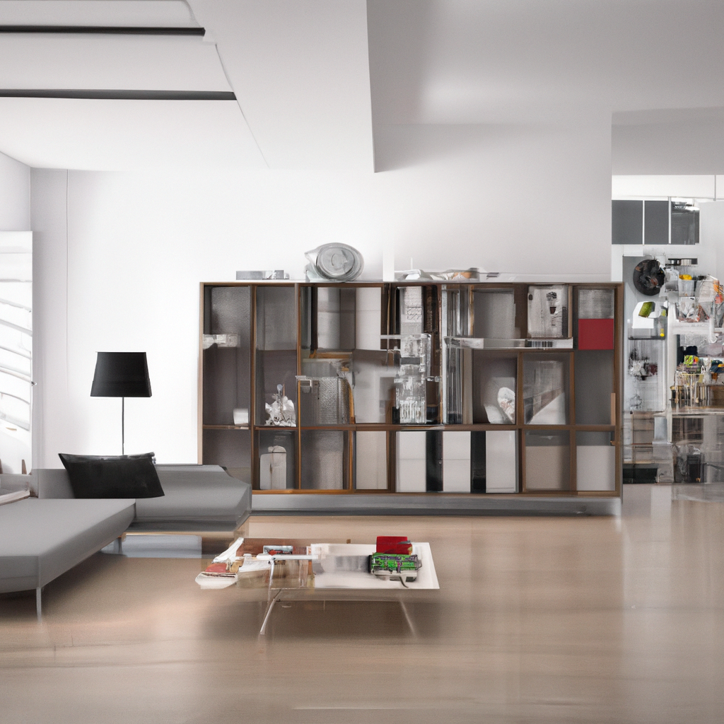 Intérieur moderne épuré avec meubles gris, bibliothèque design en bois, ambiance minimaliste lumineuse et accents artistiq...