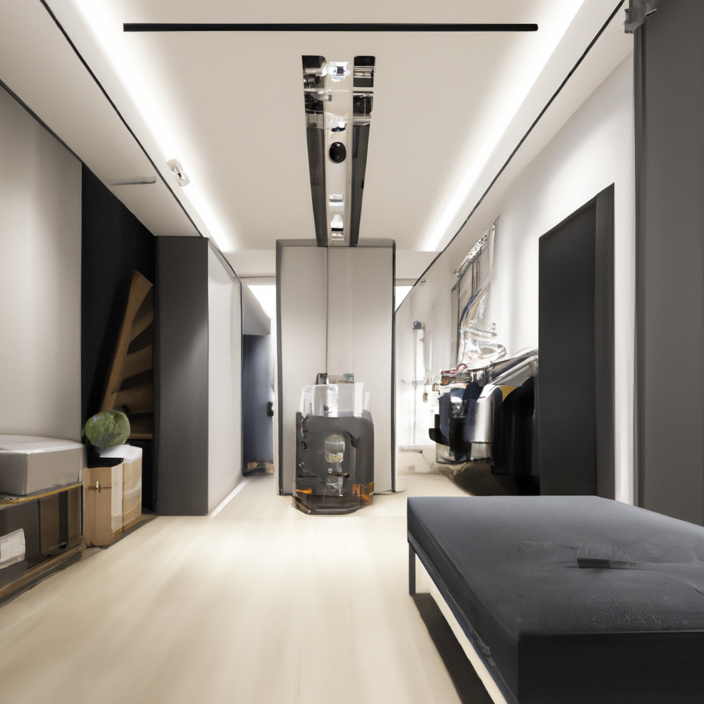 Intérieur moderne minimaliste avec murs gris, éclairage LED, dressing élégant et canapé sobre. Ambiance épurée et chic.