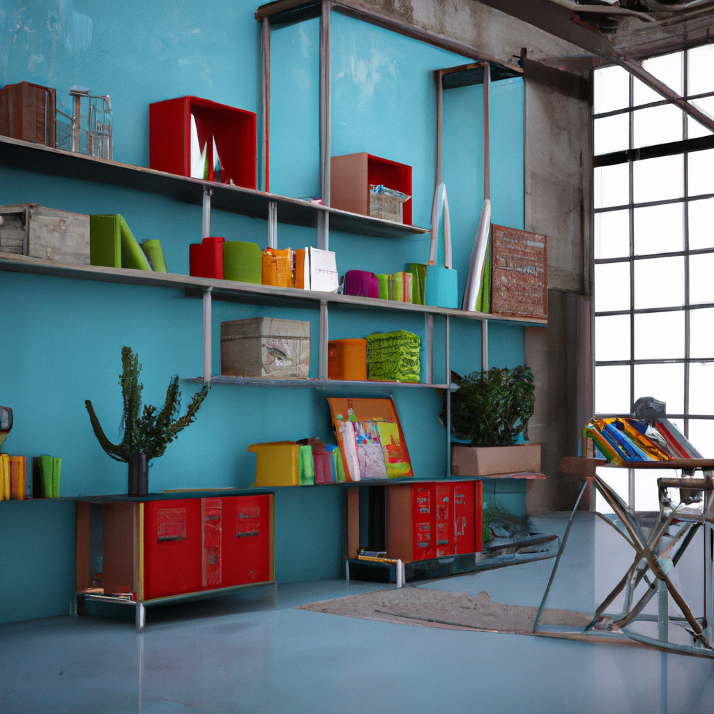 Décoration intérieure moderne avec mur turquoise, étagères industrielles, meubles rouges, plantes vertes et accessoires co...