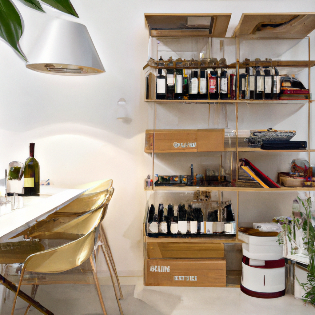 Élégant intérieur moderne avec étagère en bois, bouteilles de vin, table blanche et chaises dorées. Ambiance épurée et chic.