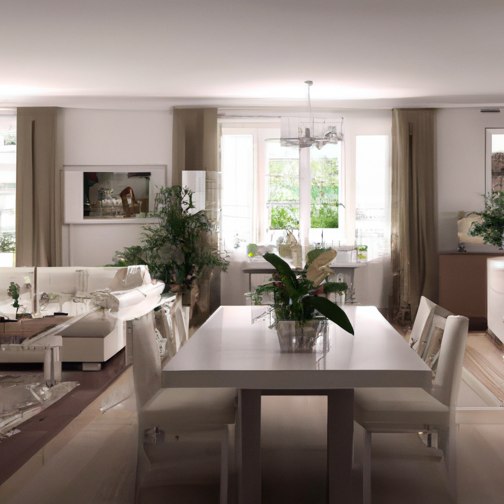 Intérieur moderne lumineux avec canapé blanc, table à manger en bois, plantes, et rideaux clairs, ambiance élégante et nat...