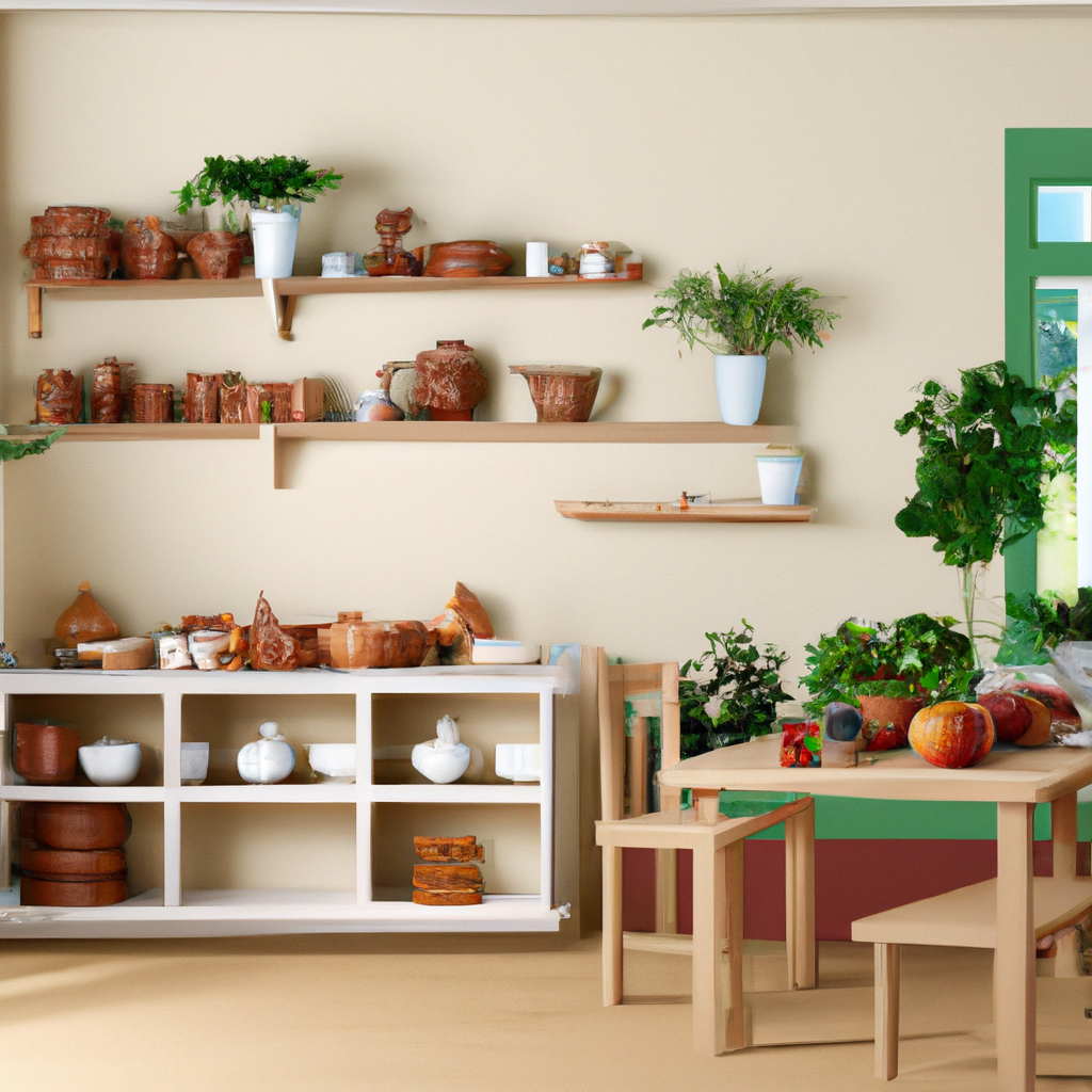 Décor intérieur chaleureux avec étagères en bois, poteries artisanales, plantes vertes, et table en bois dans des teintes ...