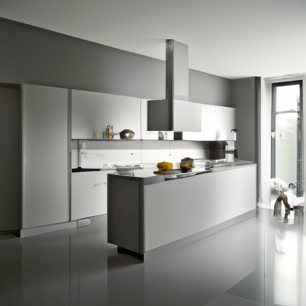 Cuisine moderne minimaliste avec des meubles blancs, surfaces brillantes et ambiance épurée. Éclairage naturel, design con...