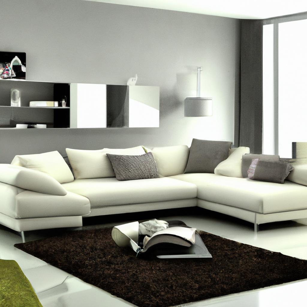 Salon moderne avec canapé blanc, coussins gris, tapis marron foncé, étagères minimalistes et lumière naturelle.