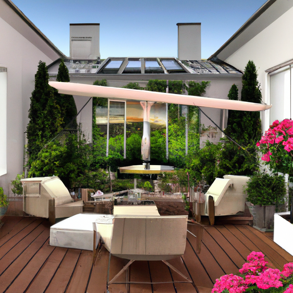 Terrasse moderne avec fauteuils blancs, table en verre, plantes vertes luxuriantes et vue sur un paysage naturel.