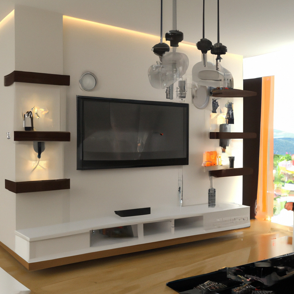 Salon moderne avec un mur blanc, étagères en bois, TV à écran plat et suspension design en verre. Ambiance contemporaine e...