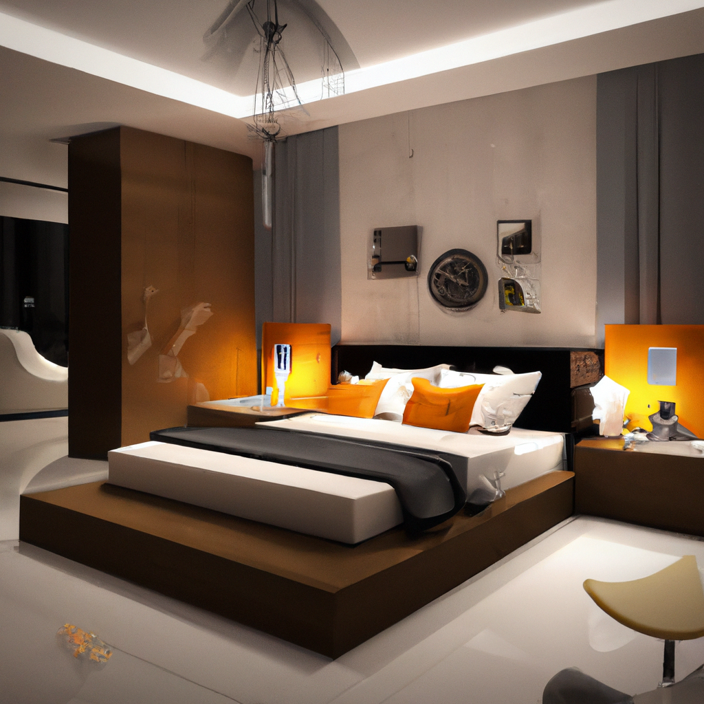 Chambre moderne avec murs gris, lit blanc et orange, luminaires minimalistes et ambiance zen.