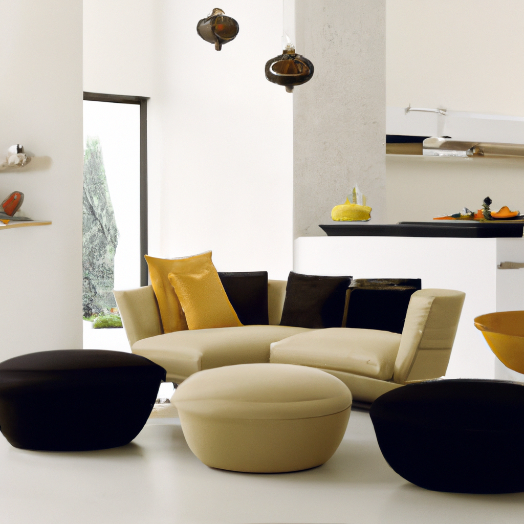 Salon moderne avec canapé beige, coussins noirs et jaunes, poufs ronds et décor minimaliste dans une ambiance lumineuse.