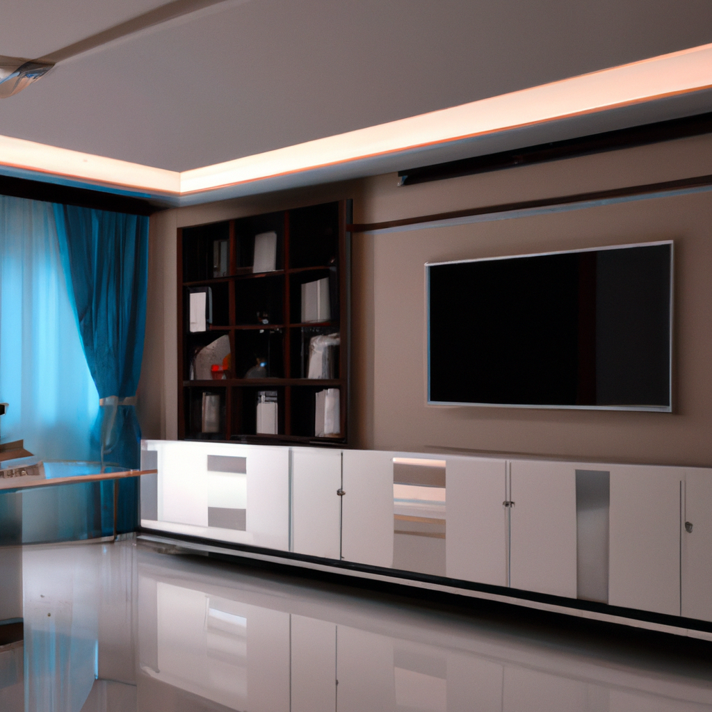 Salon moderne avec meuble TV blanc, étagères en bois, rideaux bleus, lumière naturelle et ambiance épurée.