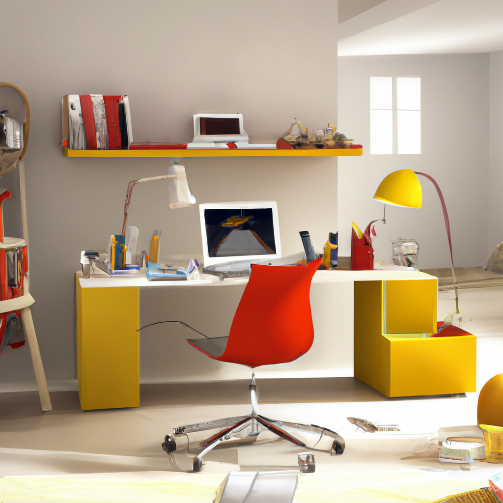 Bureau moderne jaune et rouge avec chaise design, lampes et étagères, ambiance dynamique et colorée.