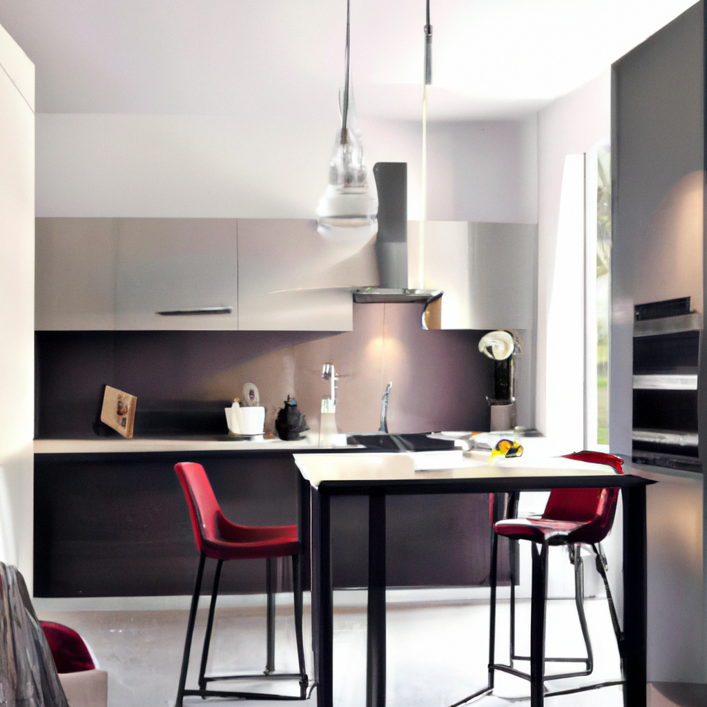 Cuisine moderne aux tons gris et noir, avec chaises rouges, îlot central, et éclairage minimaliste élégant.