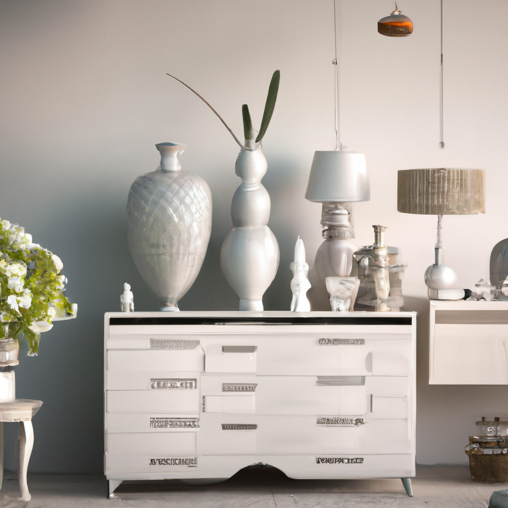 Décoration d'intérieur moderne : commode blanche, vases élégants, lampes raffinées, ambiance lumineuse et minimaliste.