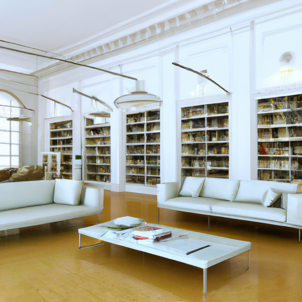 Salon moderne lumineux avec canapés blancs, table en verre, étagères remplies et ambiance épurée et sophistiquée.