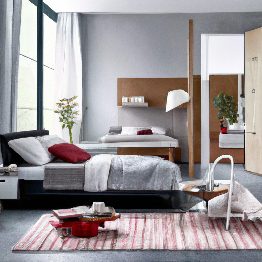 Chambre moderne avec lit minimaliste, touches grises, accents rouges, tapis rayé et fenêtres lumineuses. Ambiance apaisante.