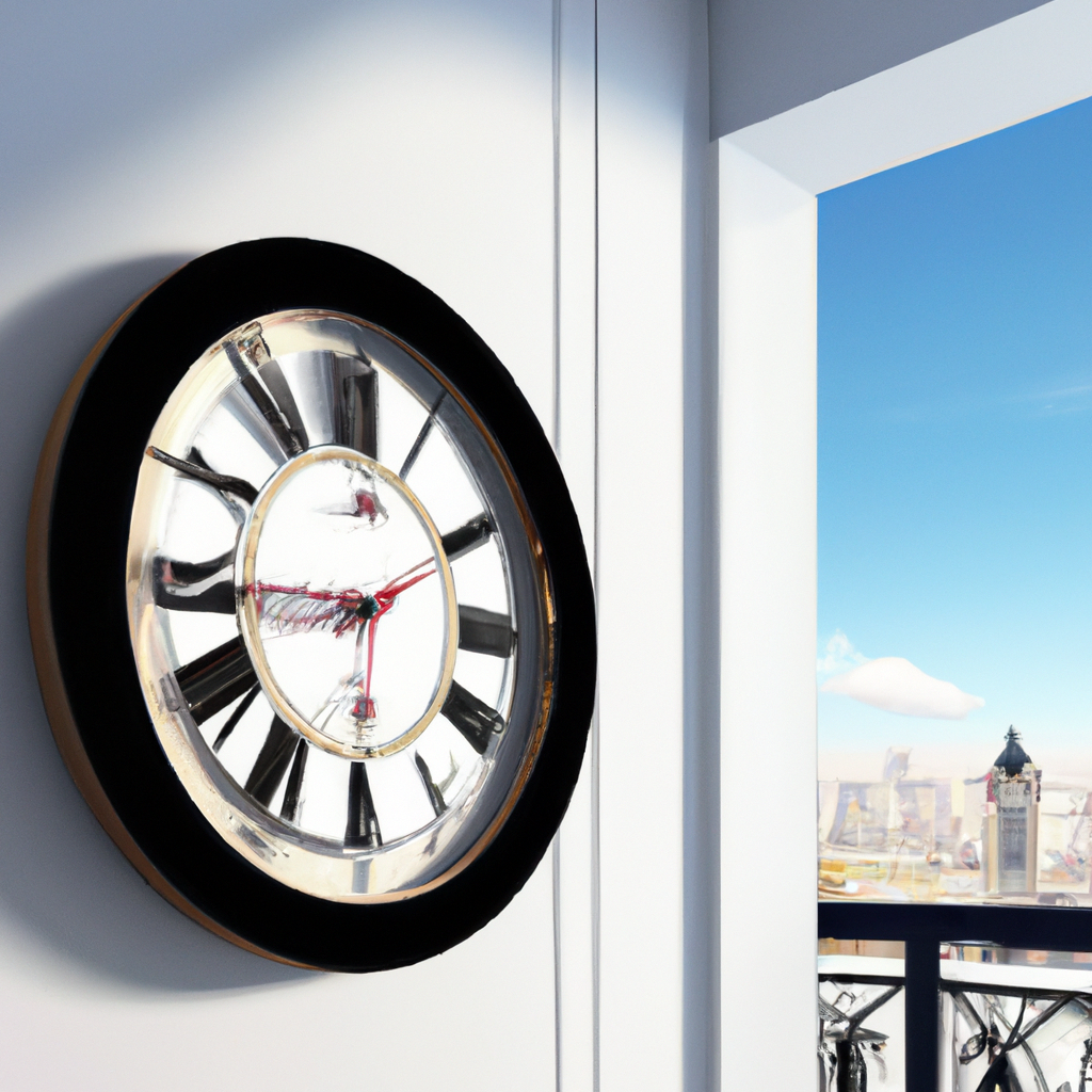 Horloge murale élégante au design moderne, noir et argenté, dans un intérieur lumineux avec vue sur la ville.