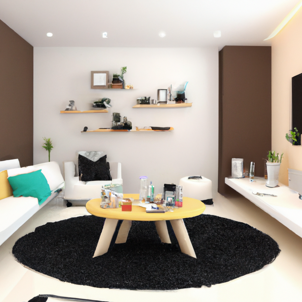 Salon moderne avec canapé blanc, coussins colorés, table en bois jaune et tapis noir, ambiance chaleureuse et épurée.