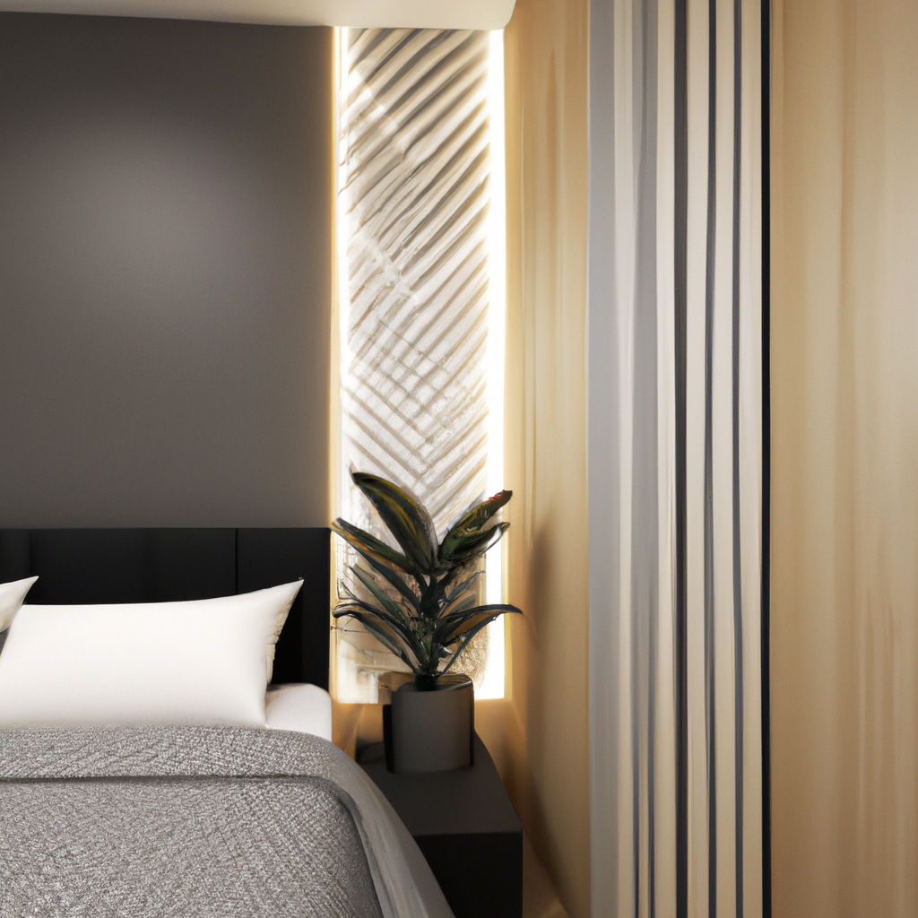 Chambre moderne avec un mur noir, lit confortable, plante verte, éclairage doux et décor en bois. Ambiance chaleureuse.