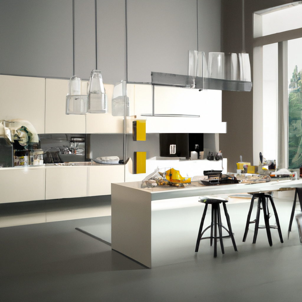 Cuisine moderne minimaliste aux teintes neutres; îlot central, éclairage suspendu et chaises en bois noir. Ambiance épurée.