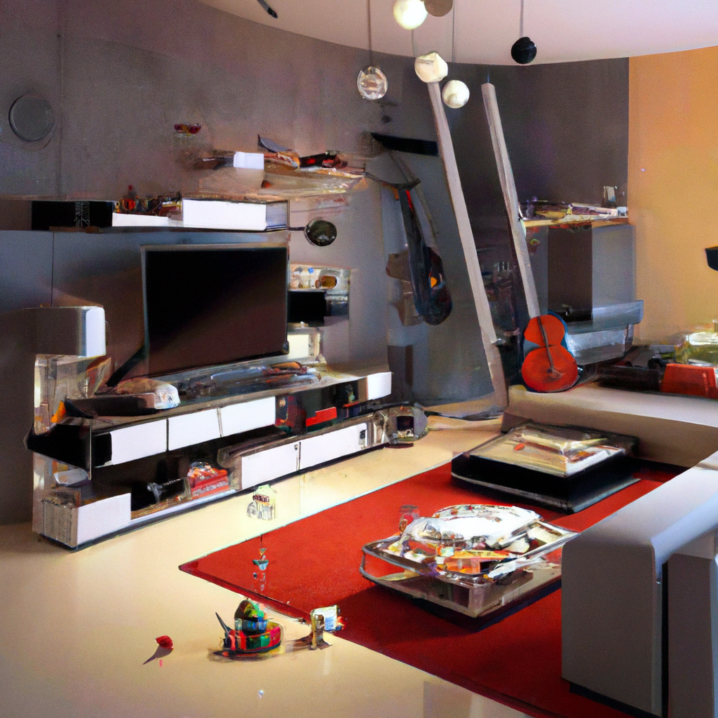 Salon moderne avec murs gris, canapé blanc, tapis rouge, meuble TV minimaliste et éclairage suspendu contemporain.