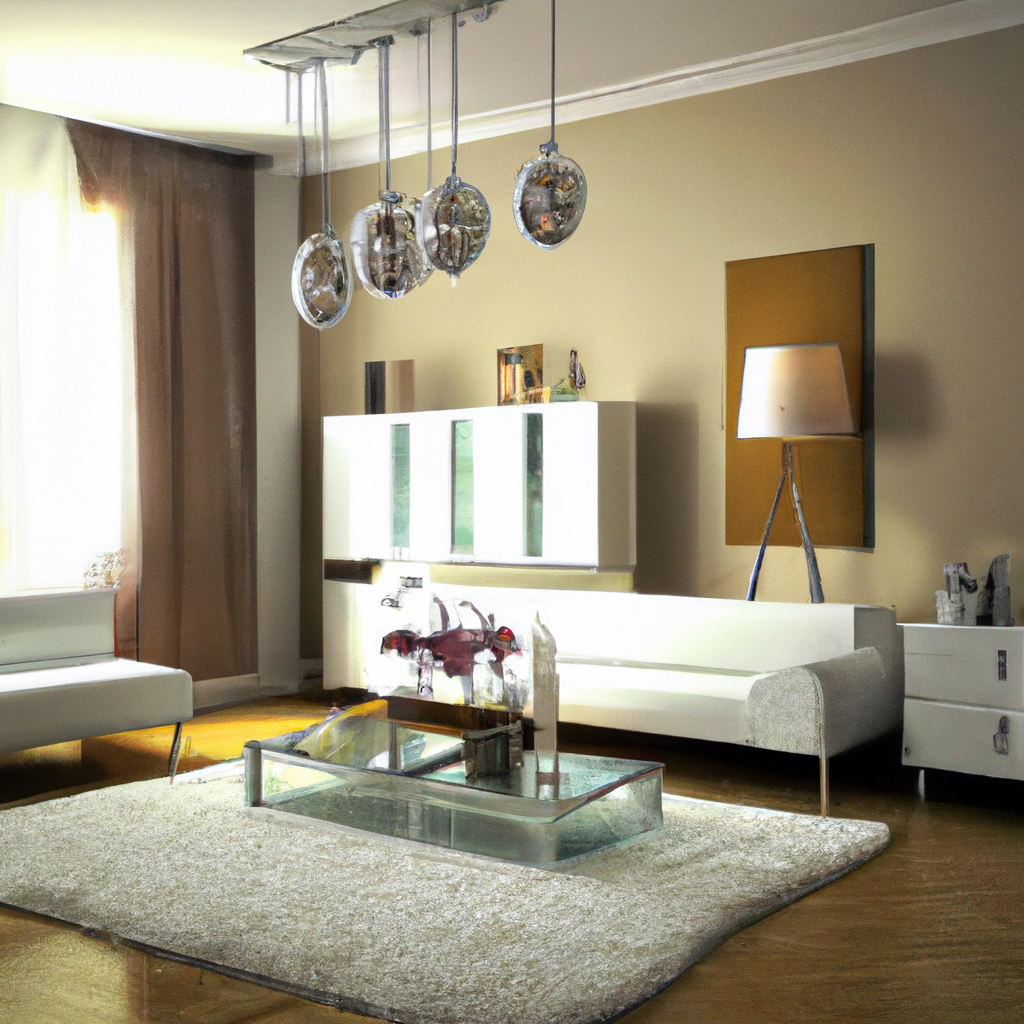 Salon moderne aux teintes neutres, mobilier blanc contemporain, tapis doux et lampes suspendues, ambiance élégante et lumi...