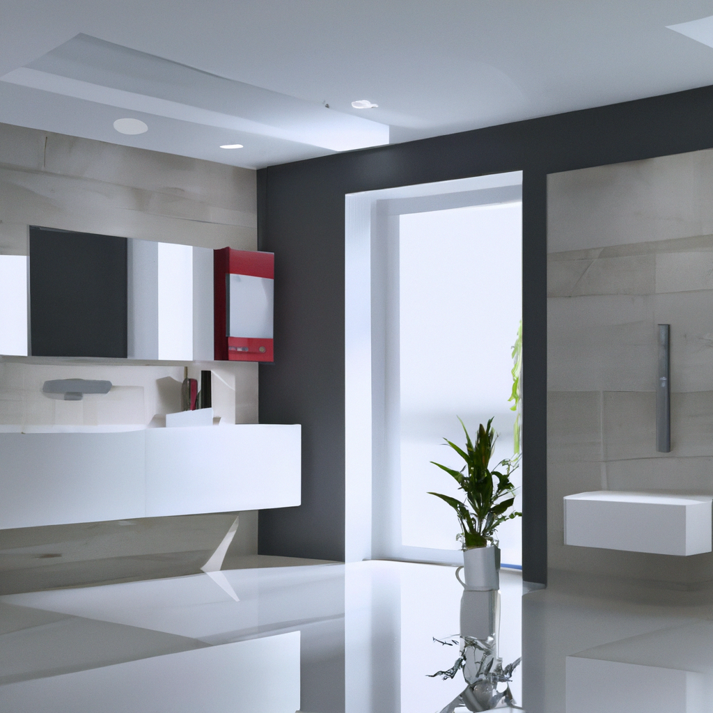 Salle de bain moderne avec murs clairs, mobilier blanc, miroir élégant et plante verte, ambiance épurée et lumineuse.