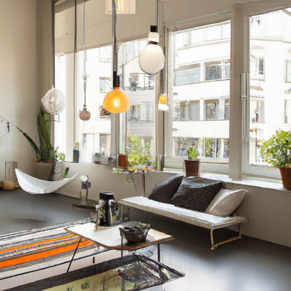 Intérieur moderne lumineux avec canapés blancs, table en verre, plantes vertes et suspensions design, ambiance minimaliste.