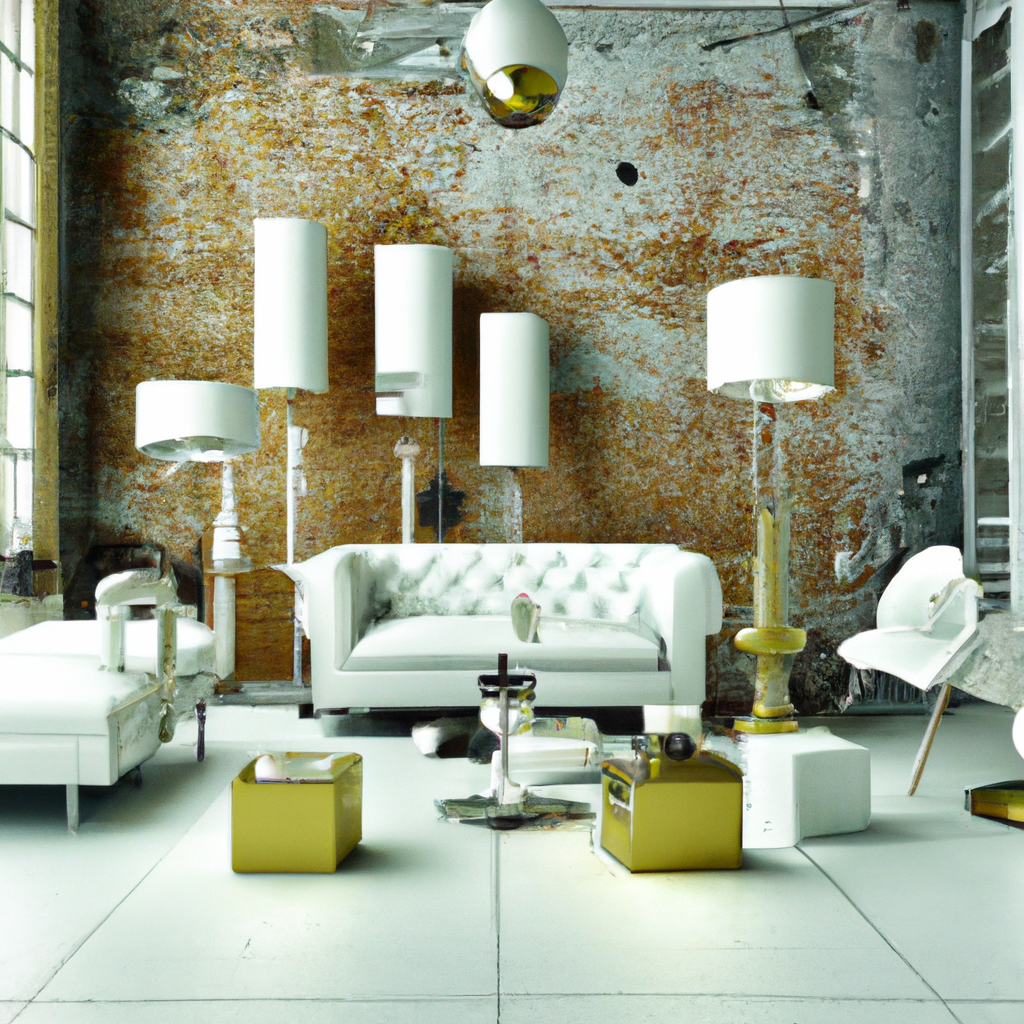 Salon moderne avec canapé blanc, lampes sculpturales blanches et éléments dorés sur fond de mur texturé orange.