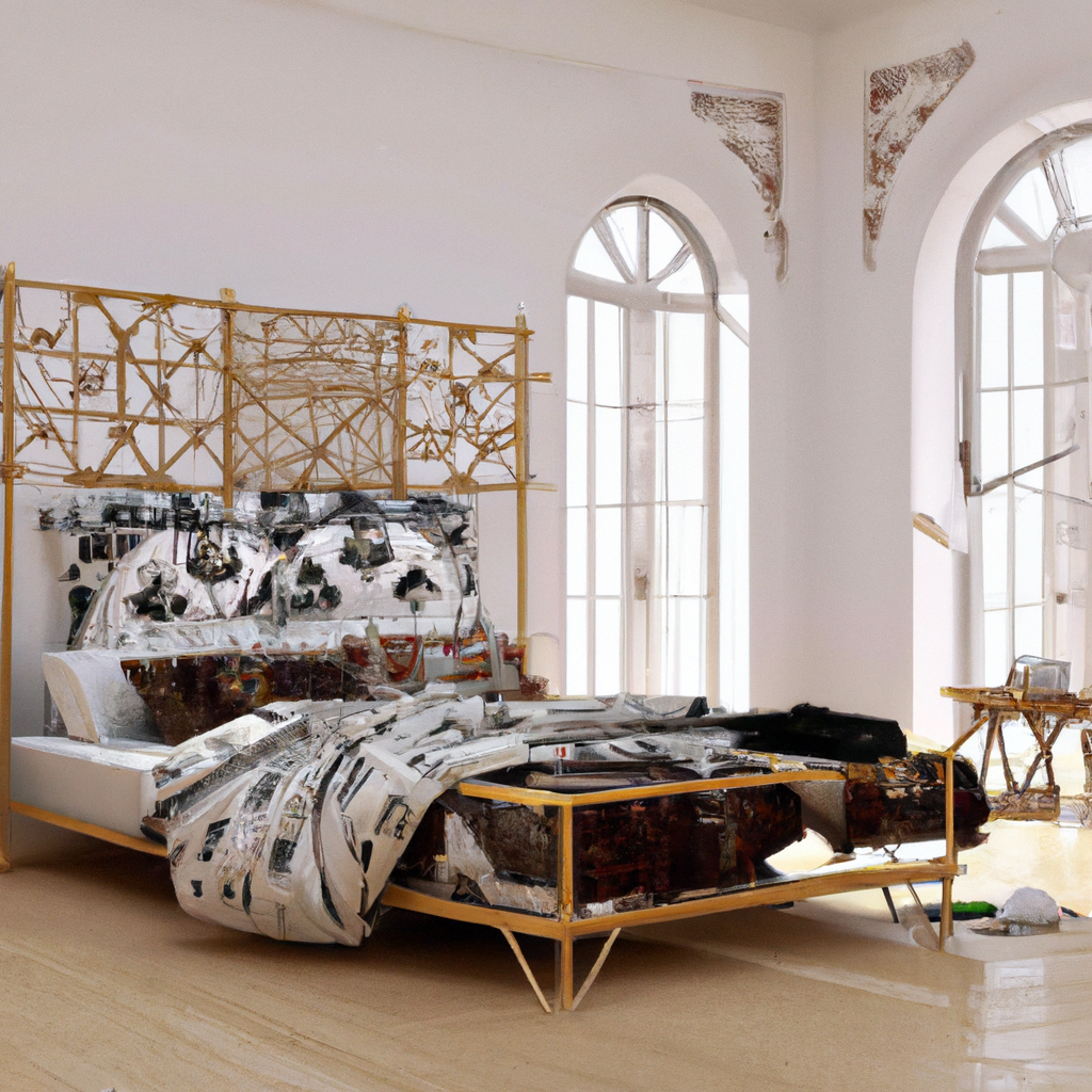 Chambre moderne avec lit doré, literie artistique, grandes fenêtres et ambiance élégante minimaliste.